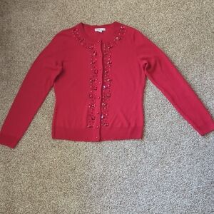 New York & Company Red Cardigan with Bead Accents